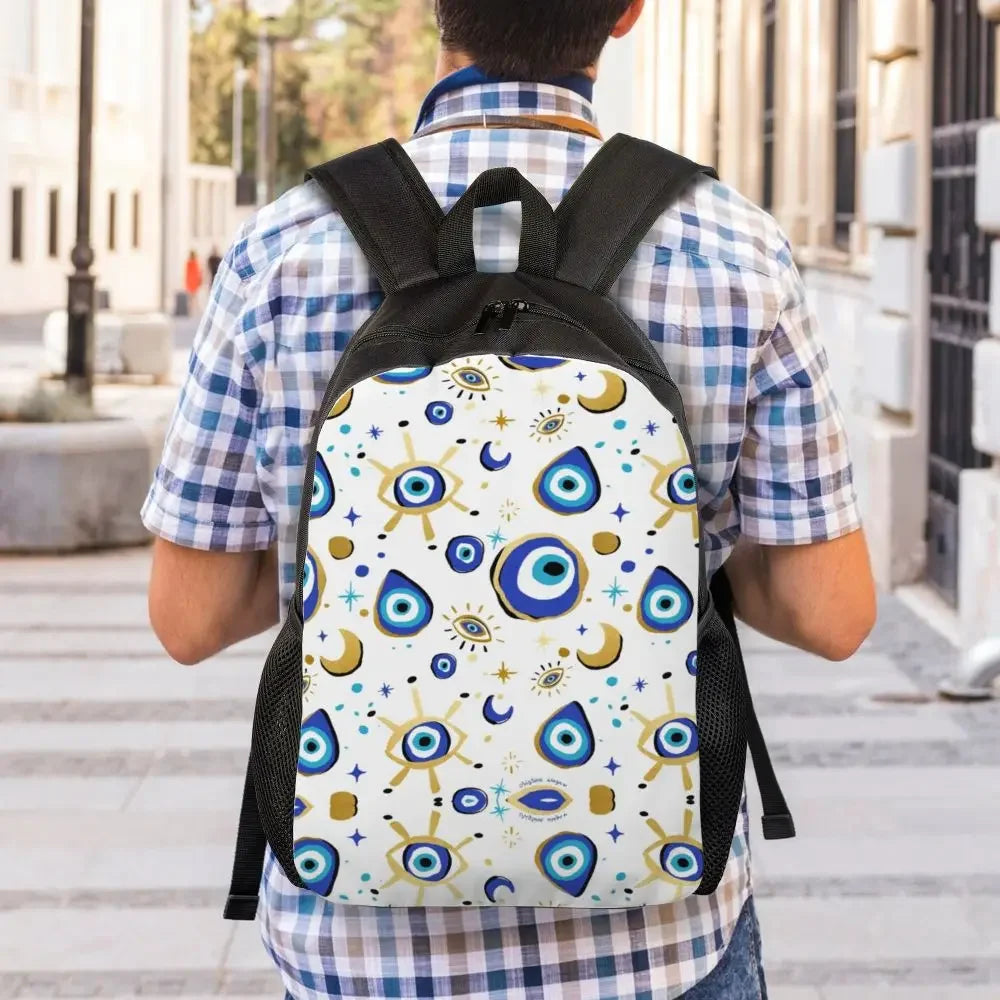 Custom Navy Blue White Mediterranean Evil Eye Mandala Pattern Backpacks Men Casual Bookbag for School College Bohemian Boho Bags