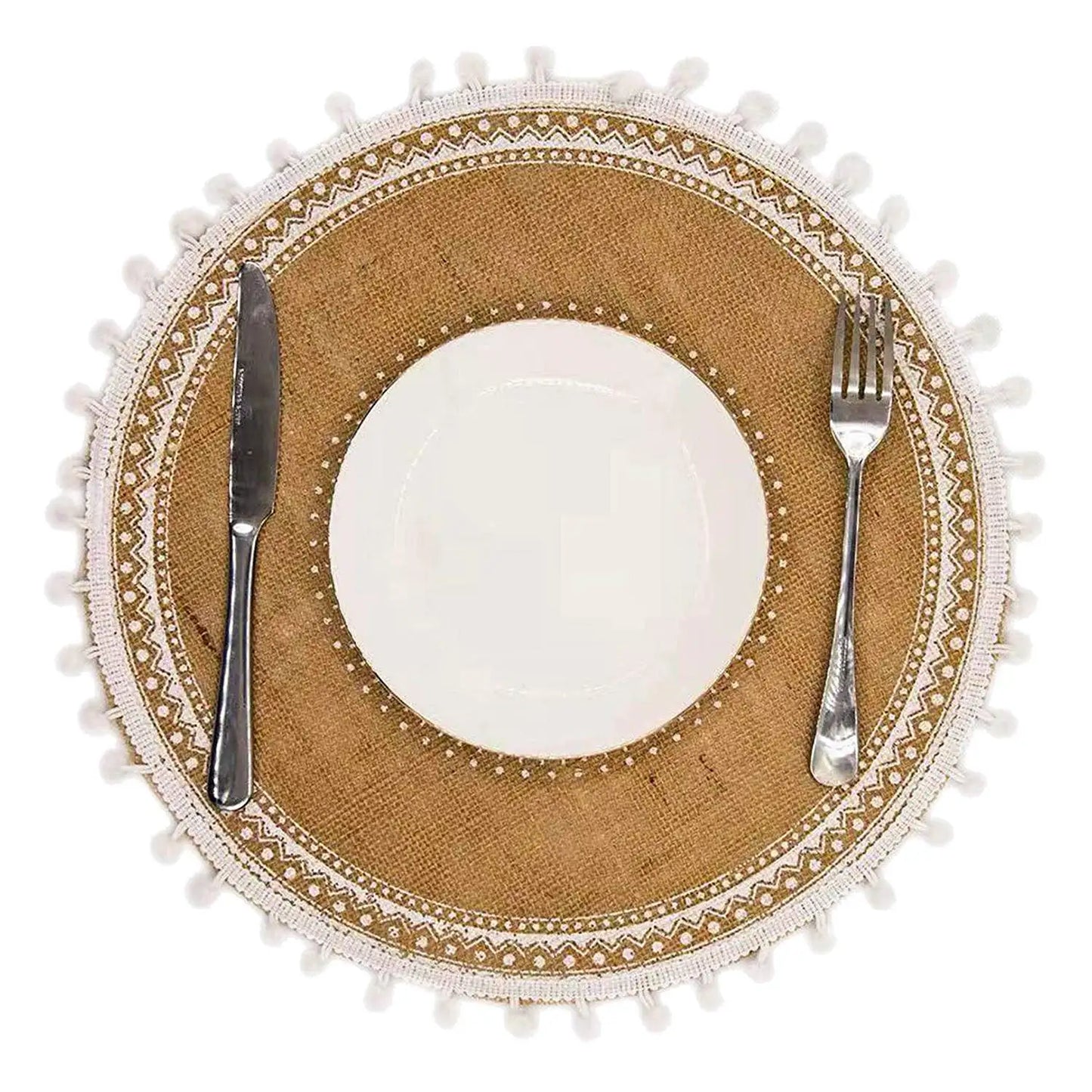 Round Placemats Set of 4 Boho Woven Jute Table Mats with Pompom Tassel for Dining Room Kitchen Table Decor(White Ball)