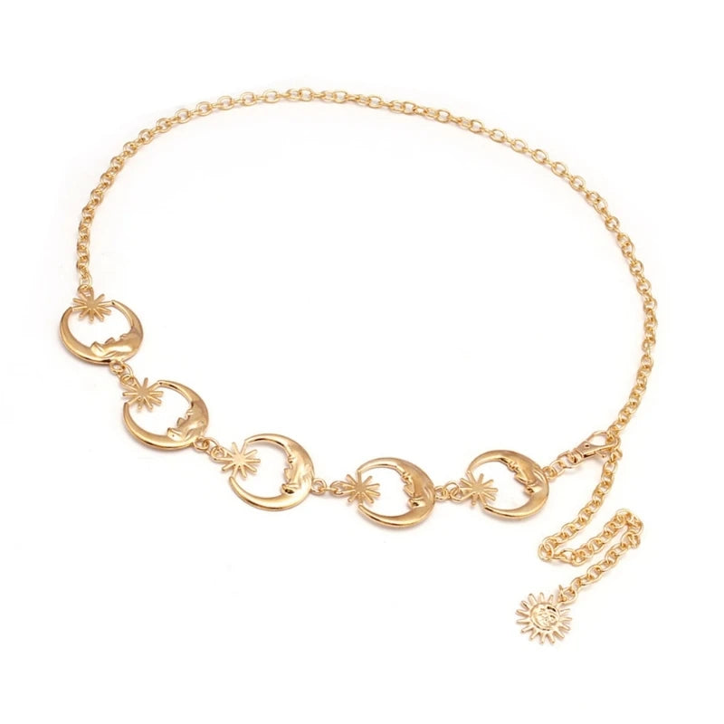 Gold Tone Body Chain Sun/Moon Waist Chain for Stylish Ladies Adjustable Length Metal Waistband for Music Festivals
