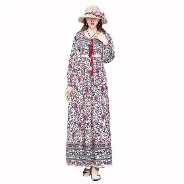 Vintage Women's Beach Skirt Dress Long Sleeve Floral Print Beach Bohemian Straight V-neck Maxi Dress Summer Ladies Dress