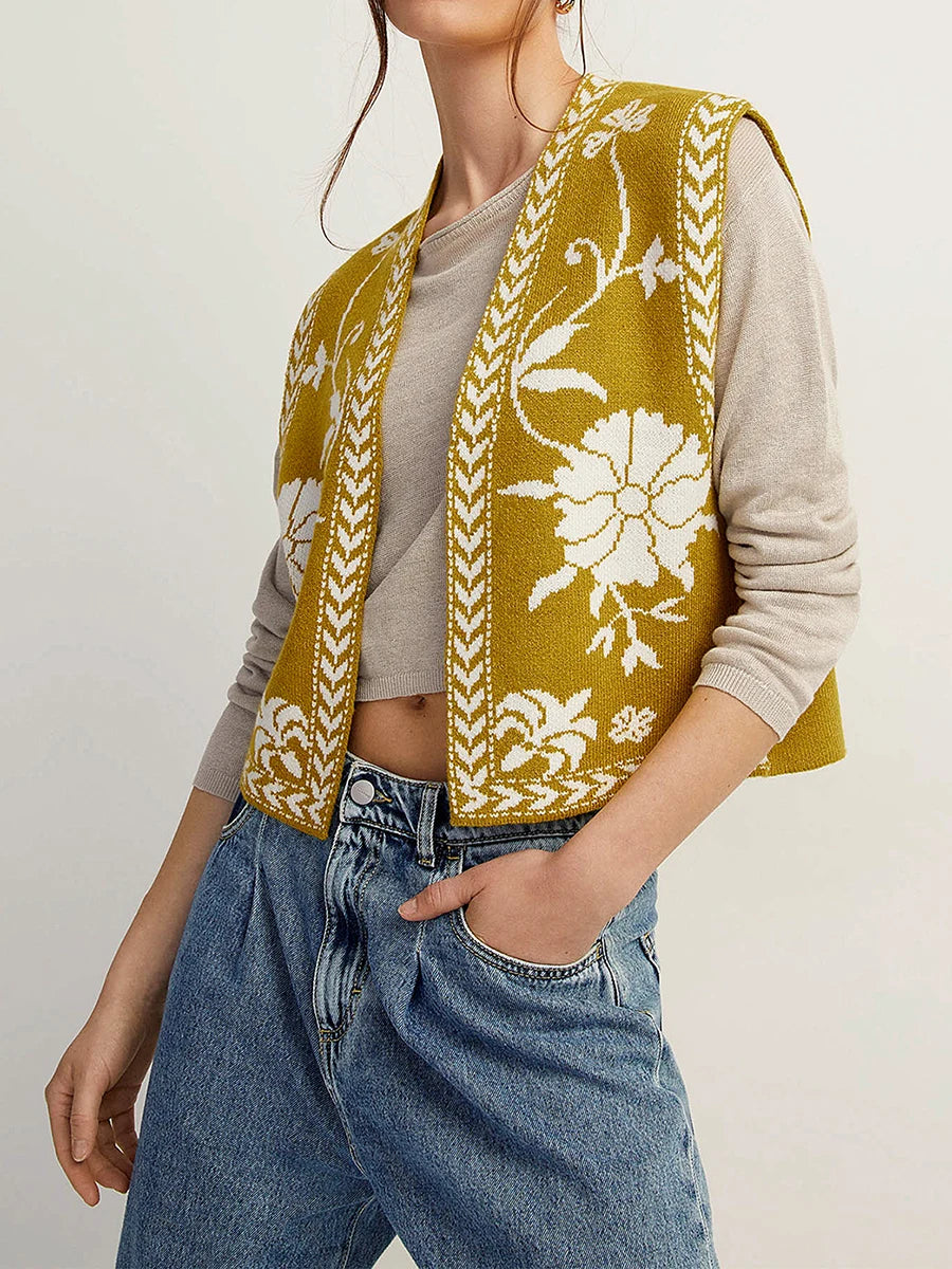 Gaono Women Floral Print Vest Sleeveless Open Front Boho Cardigan Waistcoat Trendy Y2k Going Out Embroidered Vest Top