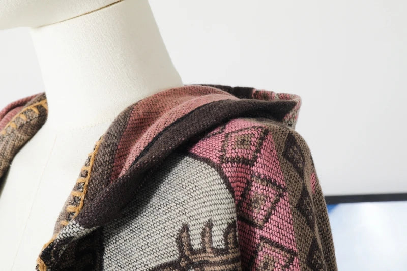 Jastie Retro Ethnic Large Shawl Ladies Fashion New Travel Knitted Hooded Poncho Women Boho Autumn Winter Warm Printed Cape Coats