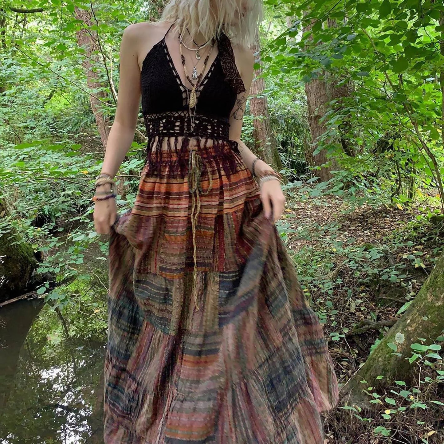 Autumn Vintage Retro Long Skirt Drawstring High Waisted Large Swing A Line Skirt Hip Hop Gothic Korean Y2k Flowy Boho Skirt