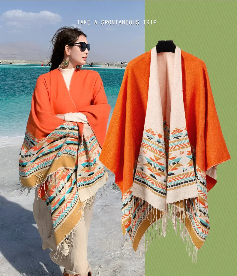 WeHello - Bohemian shawl tie dyed stripe overlay, imitation cashmere cape ethnic style warmth overlay with scarf