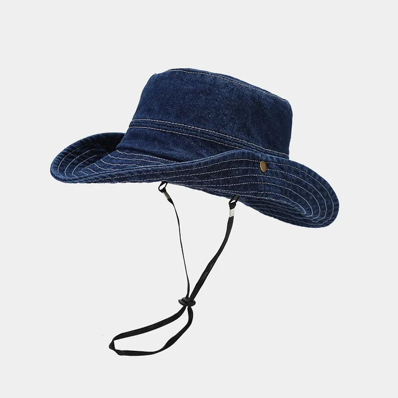 Women Girls Bucket Caps Pure Cotton Denim Stone-Washed Adjustable Safari Booney Sun Hats Wide Brim Adjustalbe