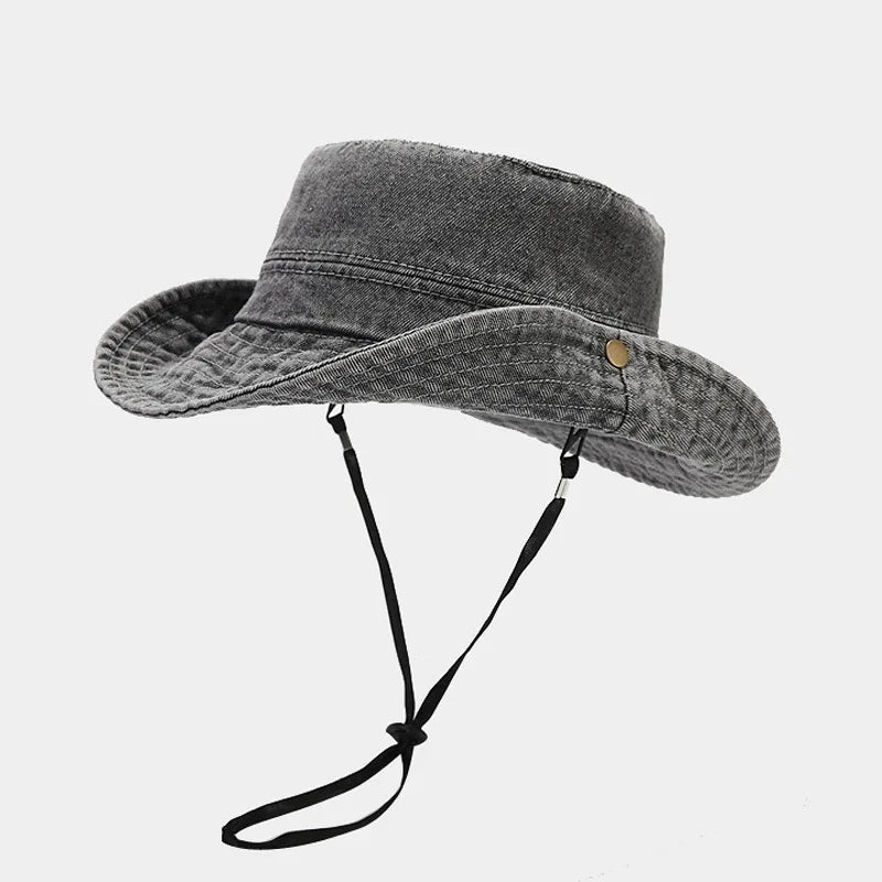 Women Girls Bucket Caps Pure Cotton Denim Stone-Washed Adjustable Safari Booney Sun Hats Wide Brim Adjustalbe