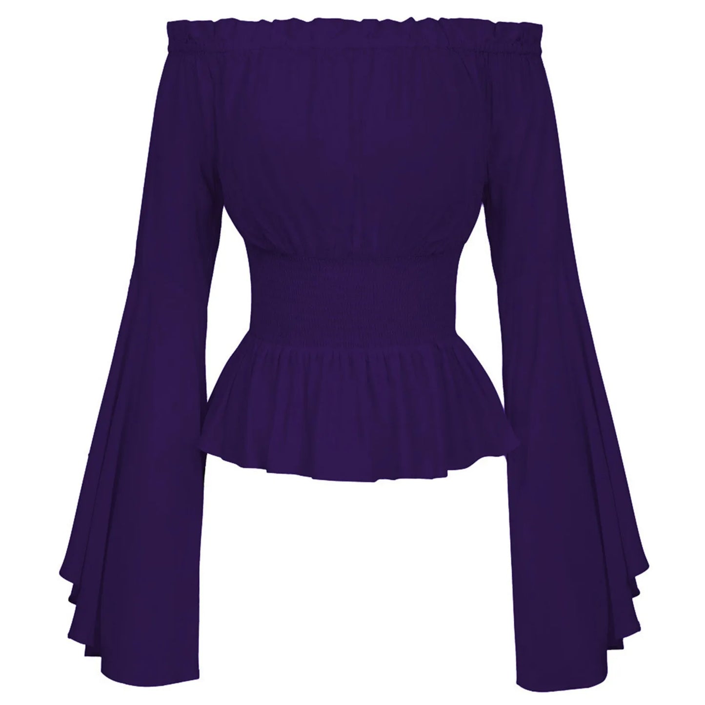 Women's Bohemian Shirt Top Gothic Ruffle Edge Shirt One Line Collar Blouse Long Sleeved Ladies Solid Blouse Boho Top