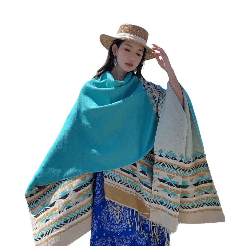 WeHello - Bohemian shawl tie dyed stripe overlay, imitation cashmere cape ethnic style warmth overlay with scarf