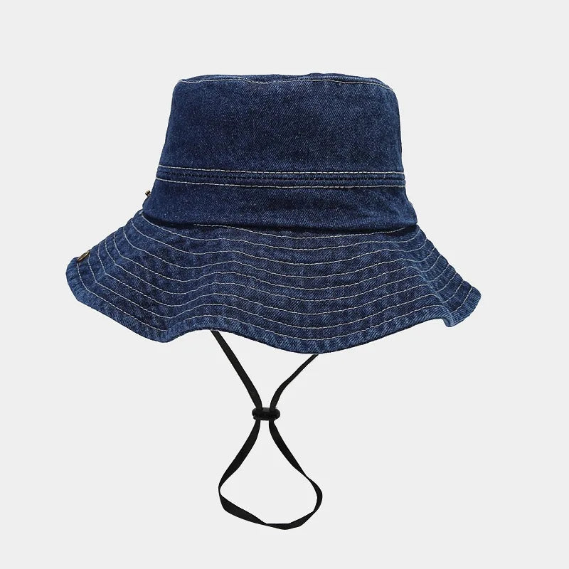 Women Girls Bucket Caps Pure Cotton Denim Stone-Washed Adjustable Safari Booney Sun Hats Wide Brim Adjustalbe