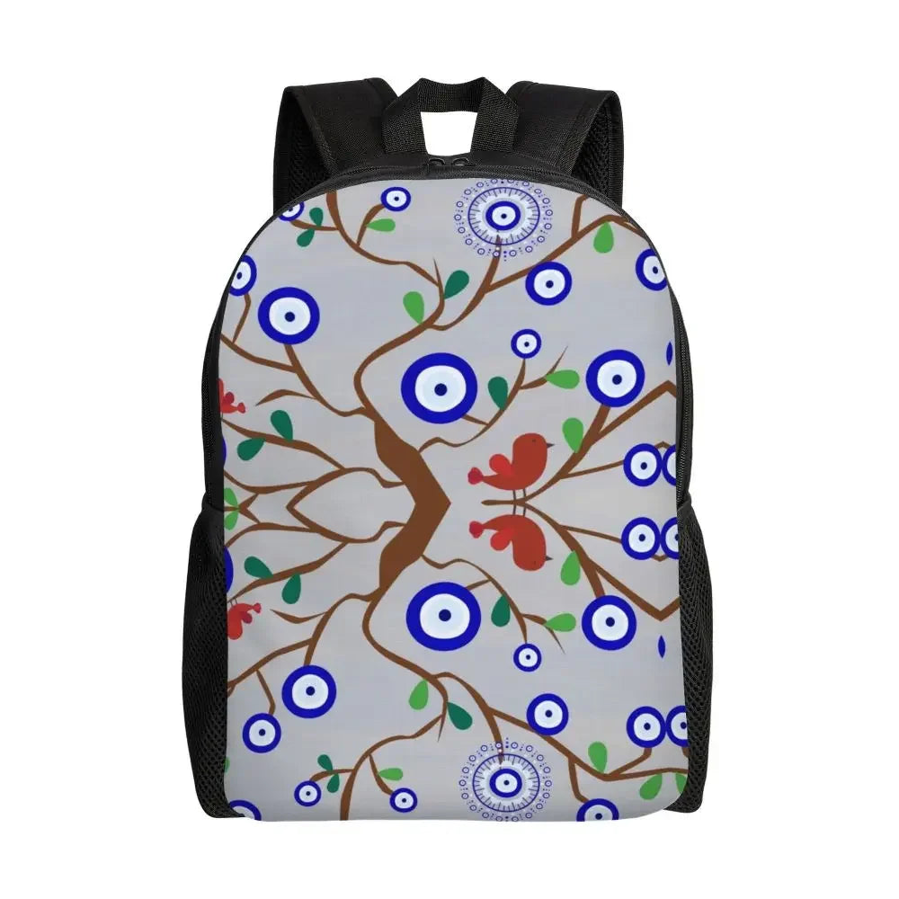Custom Navy Blue White Mediterranean Evil Eye Mandala Pattern Backpacks Men Casual Bookbag for School College Bohemian Boho Bags