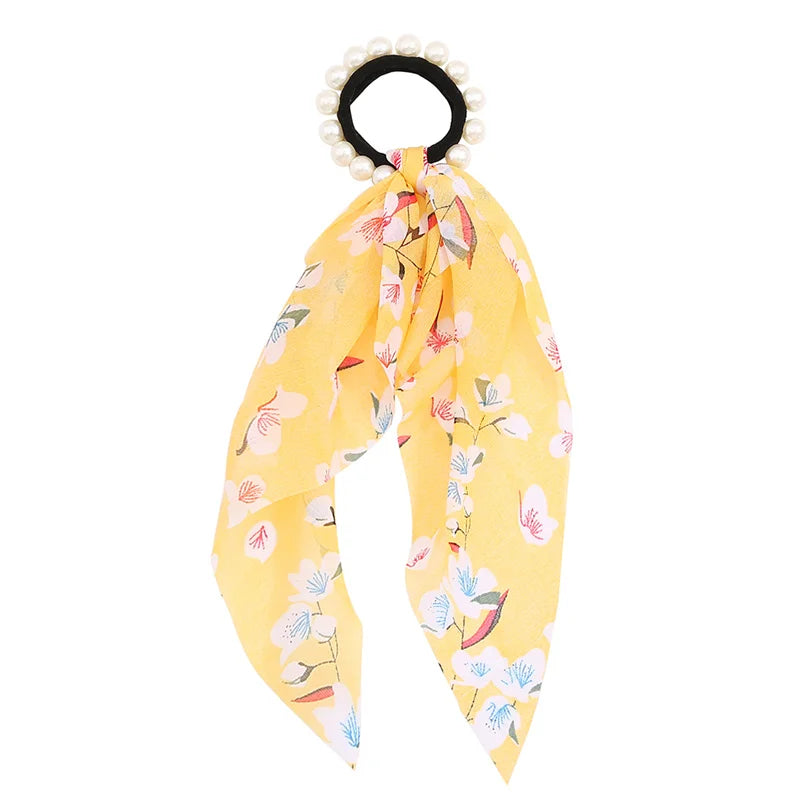 Bohemian Fashion Flower Printed Satin Elastic Long Ribbon Hair Bands Ponytail Scarf Hair Tie Women Scrunchies Hair Accessories