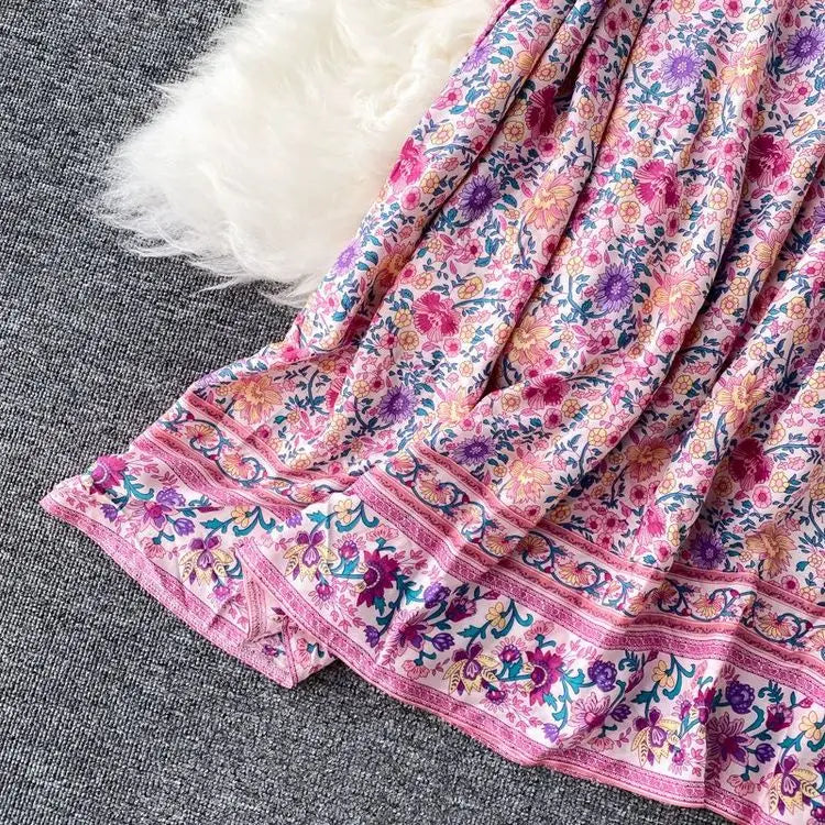 Vintage Women's Beach Skirt Dress Long Sleeve Floral Print Beach Bohemian Straight V-neck Maxi Dress Summer Ladies Dress
