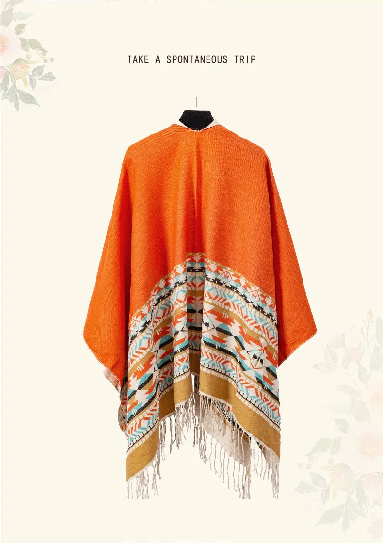WeHello - Bohemian shawl tie dyed stripe overlay, imitation cashmere cape ethnic style warmth overlay with scarf
