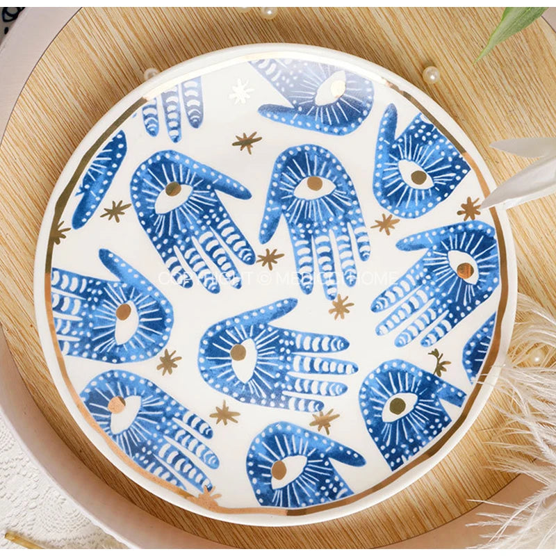 Medicci Home GG Style Decor Bright Eyes Ceramic Dinner Plate Boho Art Ornate Round Salad Dessert Plate For Party 8 Inch Diameter