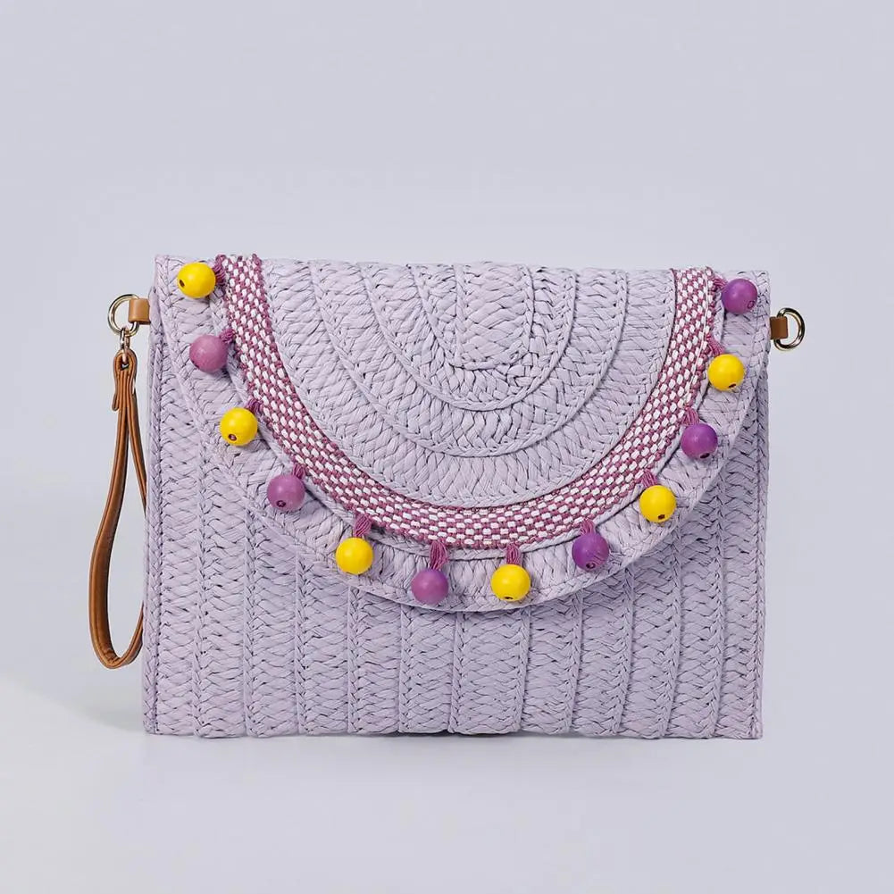 Handmade Straw Shoulder Bag with Beads Bohemian Style Large Capacity Crossbody Wallet Combo Magnetic Clasp Wallet Crossbody Bag