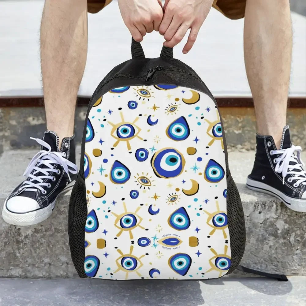 Custom Navy Blue White Mediterranean Evil Eye Mandala Pattern Backpacks Men Casual Bookbag for School College Bohemian Boho Bags