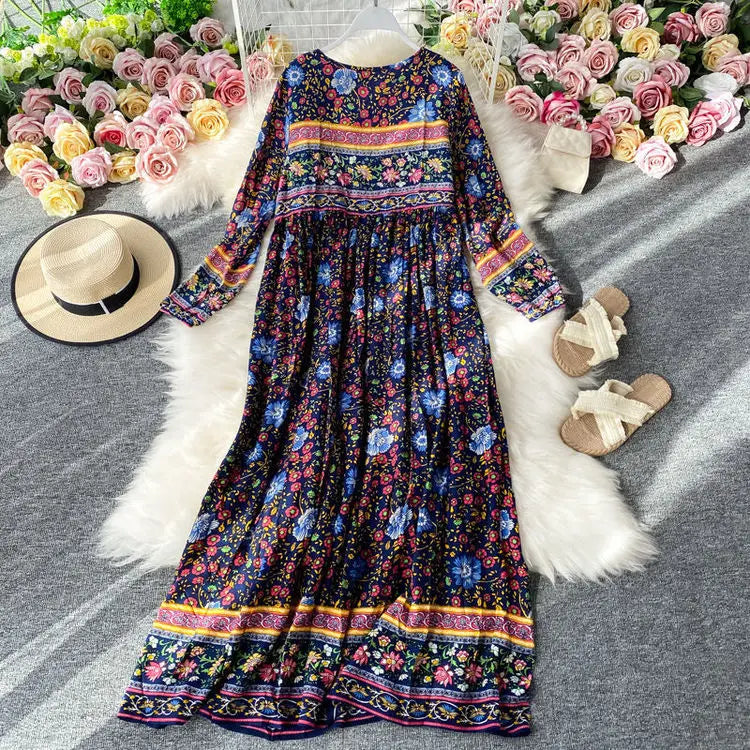 Vintage Women's Beach Skirt Dress Long Sleeve Floral Print Beach Bohemian Straight V-neck Maxi Dress Summer Ladies Dress