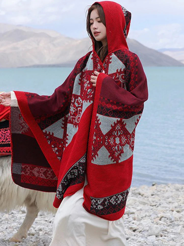 Jastie Retro Ethnic Large Shawl Ladies Fashion New Travel Knitted Hooded Poncho Women Boho Autumn Winter Warm Printed Cape Coats