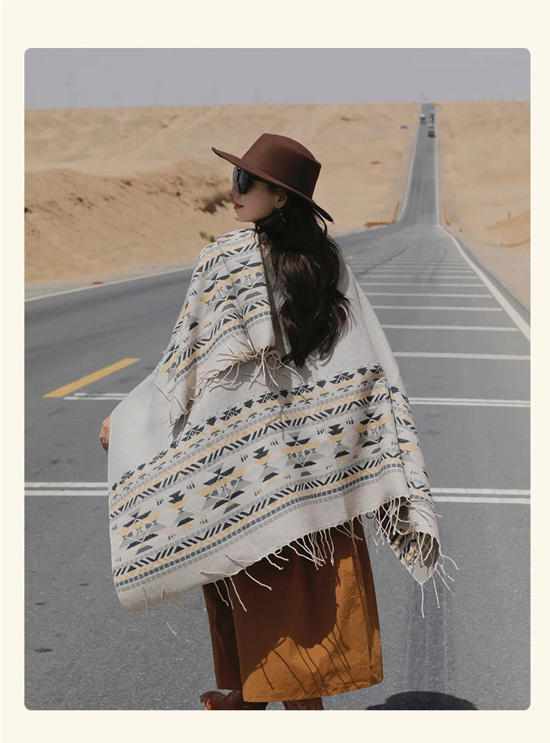 WeHello - Bohemian shawl tie dyed stripe overlay, imitation cashmere cape ethnic style warmth overlay with scarf