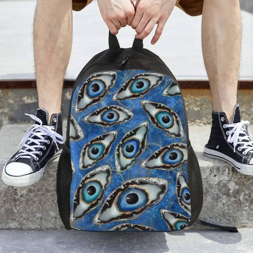 Custom Navy Blue White Mediterranean Evil Eye Mandala Pattern Backpacks Men Casual Bookbag for School College Bohemian Boho Bags