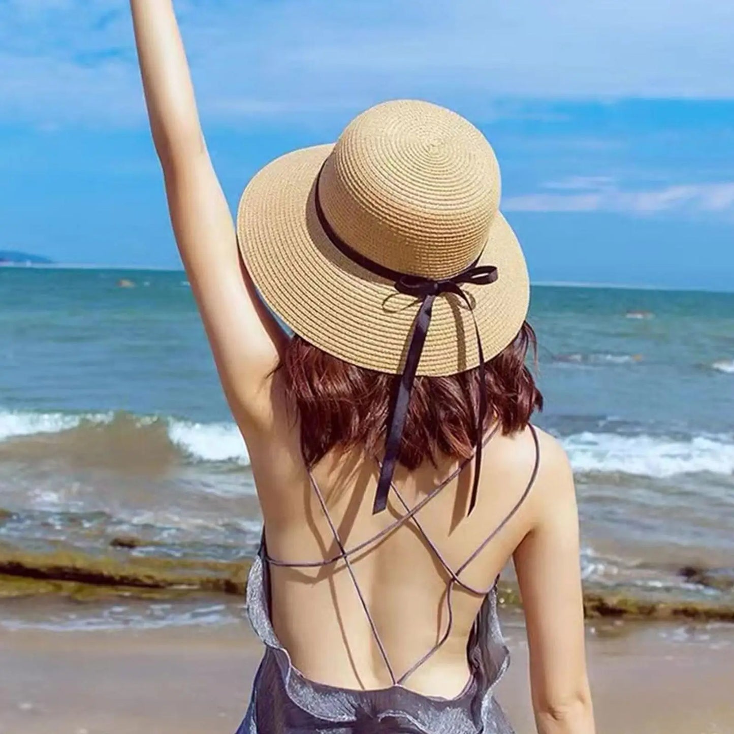 Summer Hats For Women Sun Hat Beach Ladies Fashion Flat Bowknot Panama Lady Casual Sun Hats For Women Straw Hat