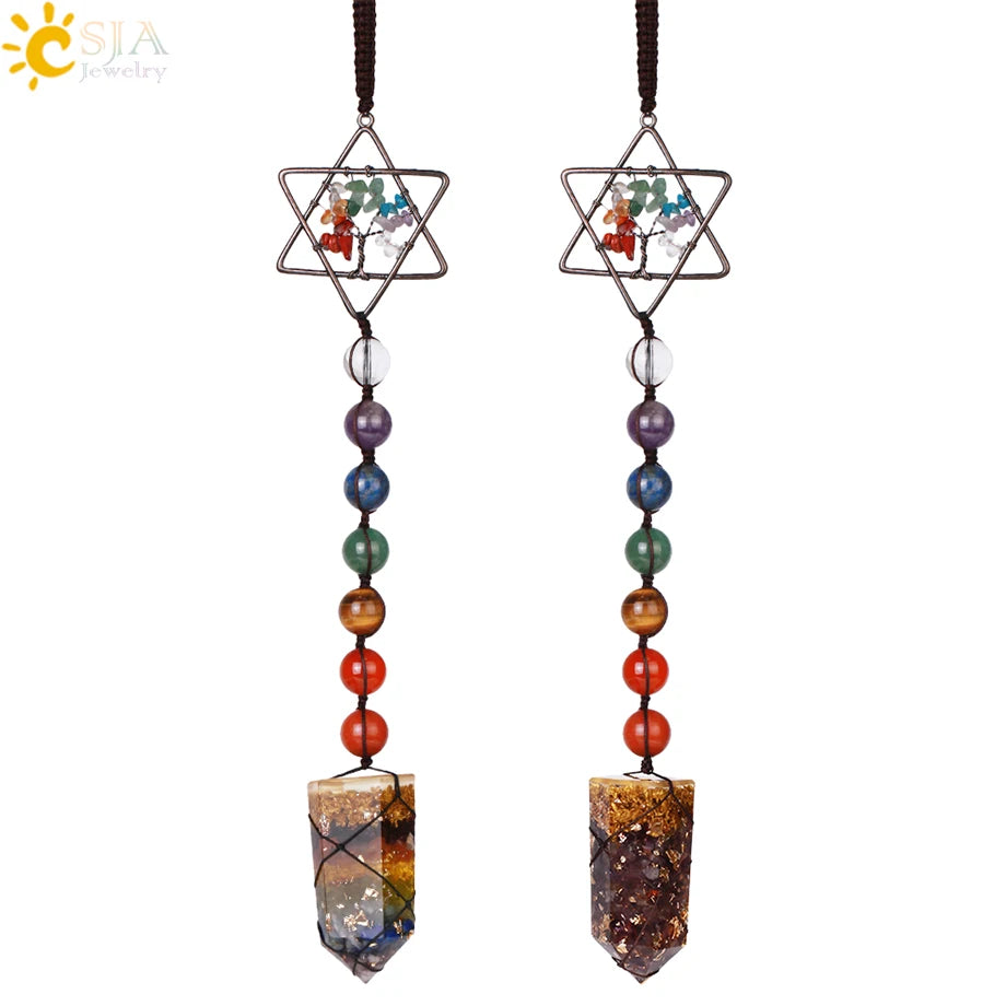 CSJA 7 Chakra Car Hanging Accessories for Mirror Hexagram Tree of Life Chip Crystal Beads Door Window Ornaments Feng Shui G707