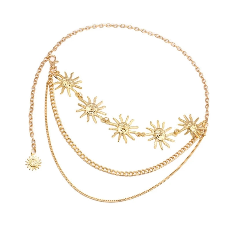 Gold Tone Body Chain Sun/Moon Waist Chain for Stylish Ladies Adjustable Length Metal Waistband for Music Festivals