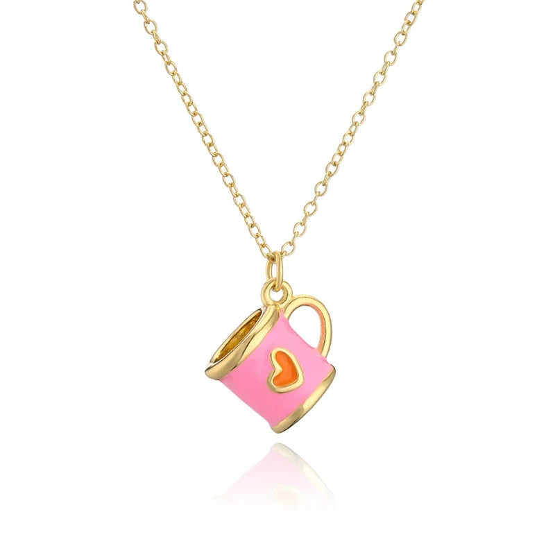 Boho Hand Made Tea Cup Necklace Pendant Woman Collier Long Gold Color Sweater Chain Clothing Enamel Collane Jewelry New