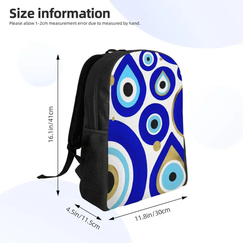 Custom Navy Blue White Mediterranean Evil Eye Mandala Pattern Backpacks Men Casual Bookbag for School College Bohemian Boho Bags