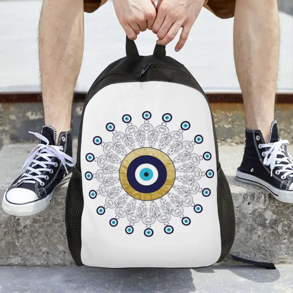 Custom Navy Blue White Mediterranean Evil Eye Mandala Pattern Backpacks Men Casual Bookbag for School College Bohemian Boho Bags