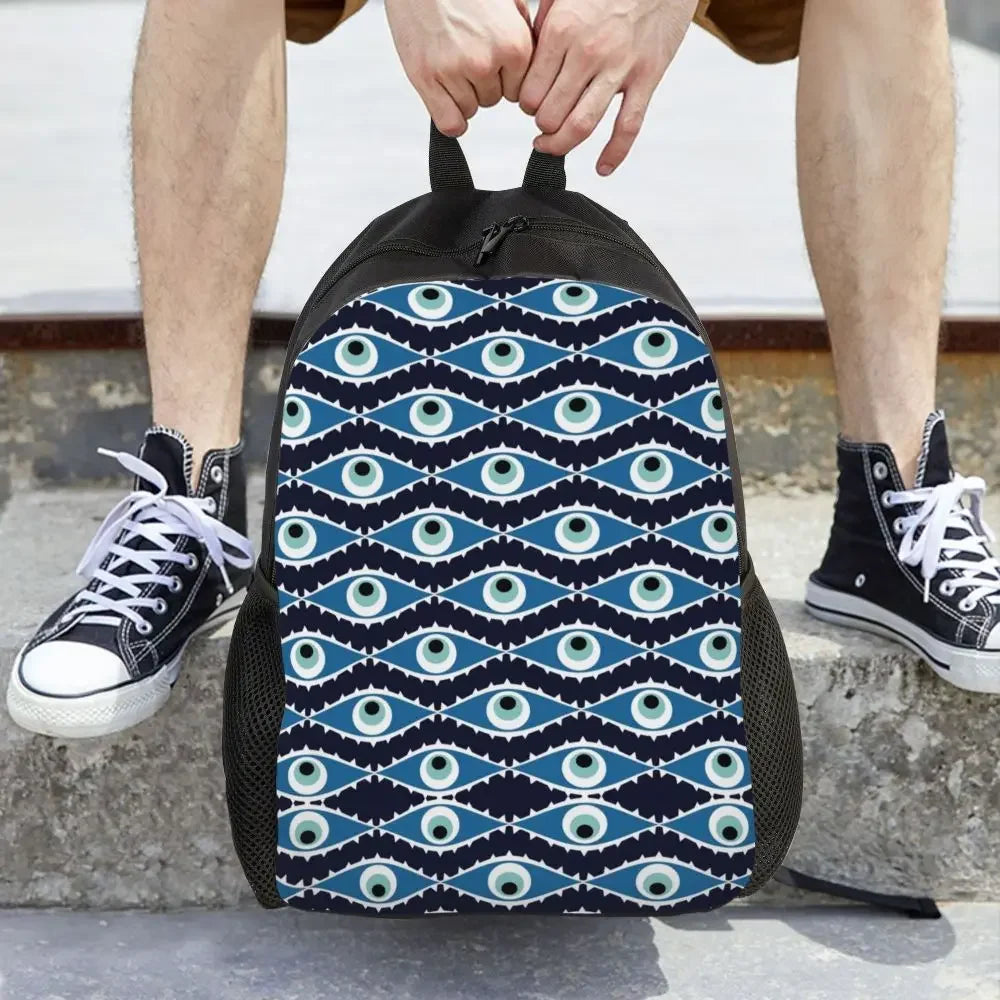 Custom Navy Blue White Mediterranean Evil Eye Mandala Pattern Backpacks Men Casual Bookbag for School College Bohemian Boho Bags