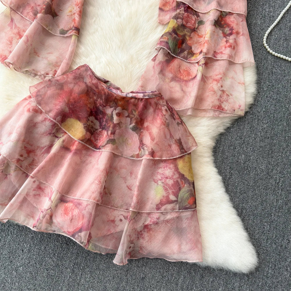 Holiday Ruffles Beach Skirts Suit Women Fashion Off Shoulder Floral Chiffon Tops  High Waist Mini Skirt Womens Two Peice Sets