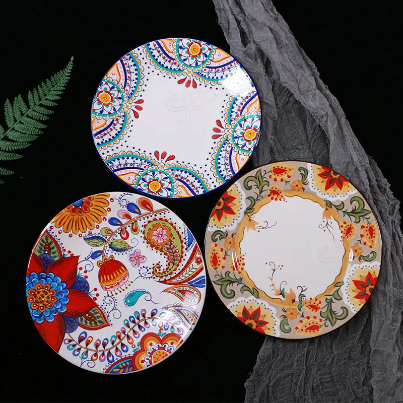 Creative Boho Ceramic Plate European Classical Painted Steak Pasta Dinner Plates Restaurant Hotel Serving Tray Home Tableware