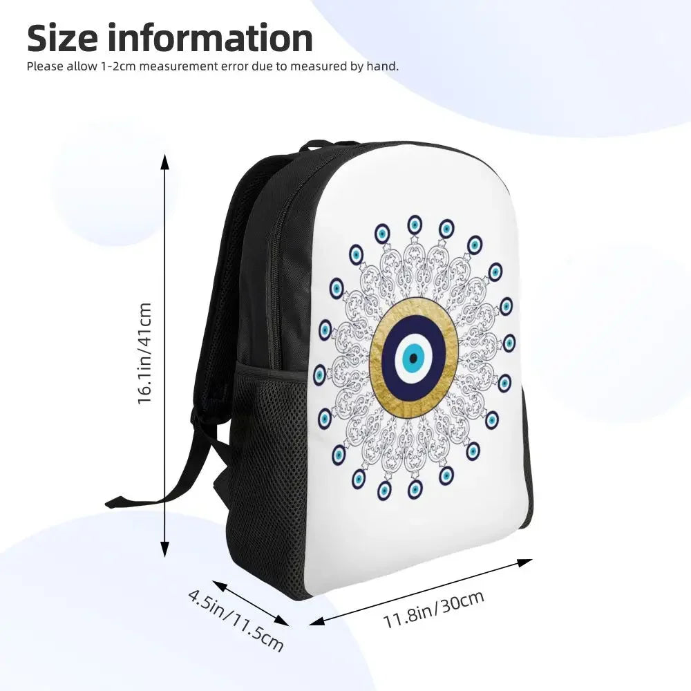 Custom Navy Blue White Mediterranean Evil Eye Mandala Pattern Backpacks Men Casual Bookbag for School College Bohemian Boho Bags