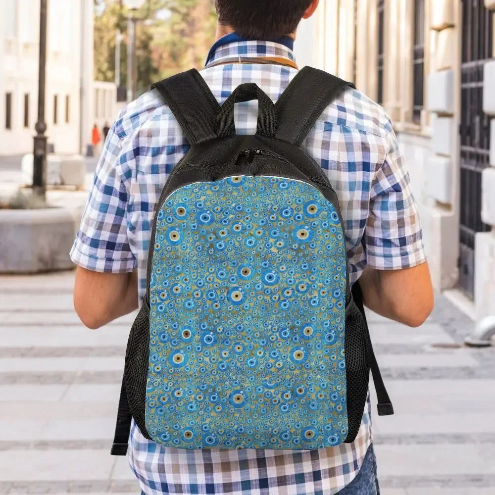 Custom Navy Blue White Mediterranean Evil Eye Mandala Pattern Backpacks Men Casual Bookbag for School College Bohemian Boho Bags
