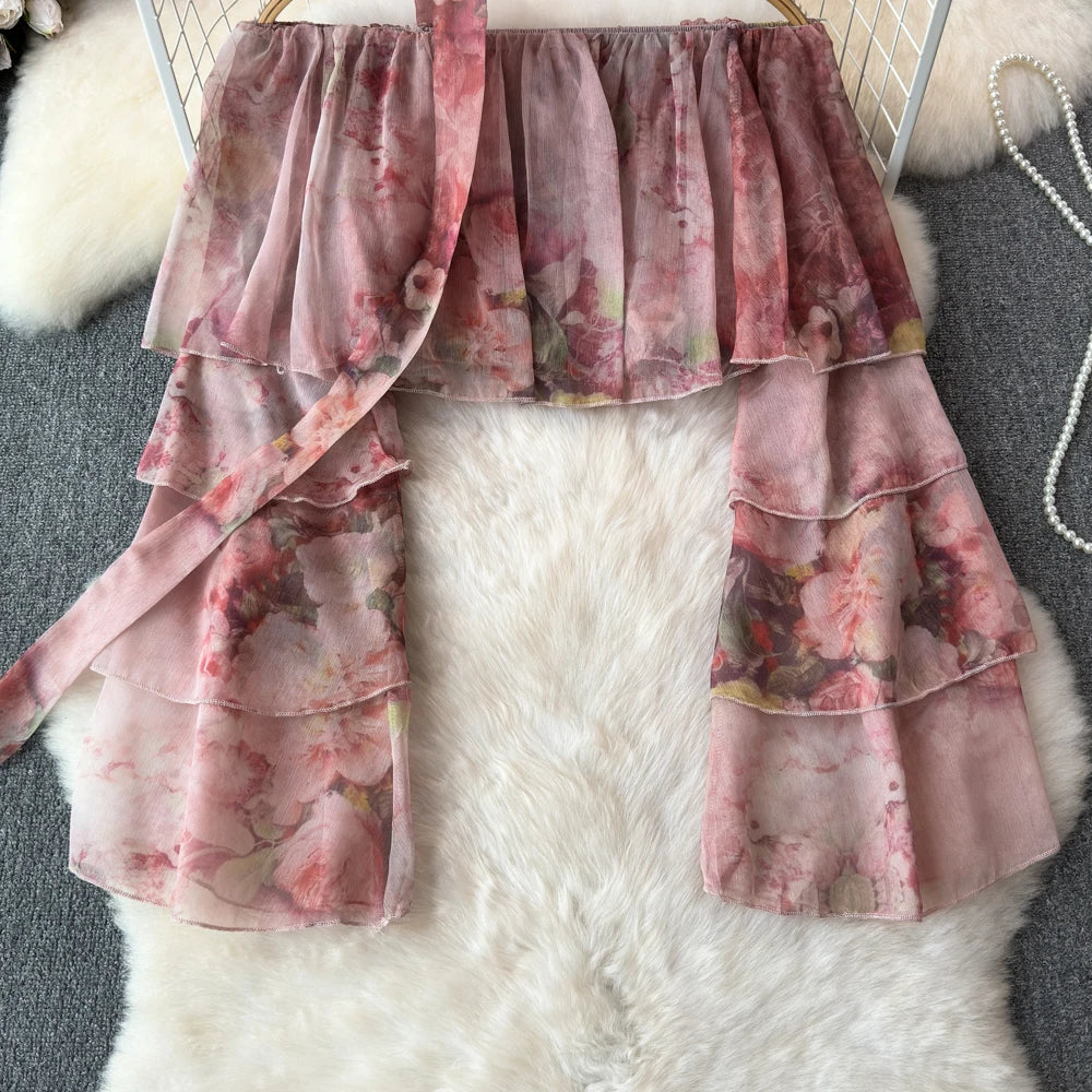 Holiday Ruffles Beach Skirts Suit Women Fashion Off Shoulder Floral Chiffon Tops  High Waist Mini Skirt Womens Two Peice Sets