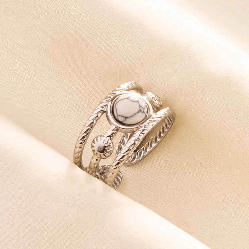 Chic Bohemian White Turquoise Statement Silver Color Ring Stainless Steel Opening Adjustable Boho Ring Jewelry Gifts Never Fade