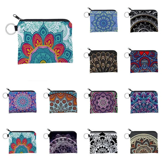 Bohemian Style Small Coin Purse Mini Wallet Coin Bag Datura flower pattern Print Waterproof with Zipper Keys Wallets for Women
