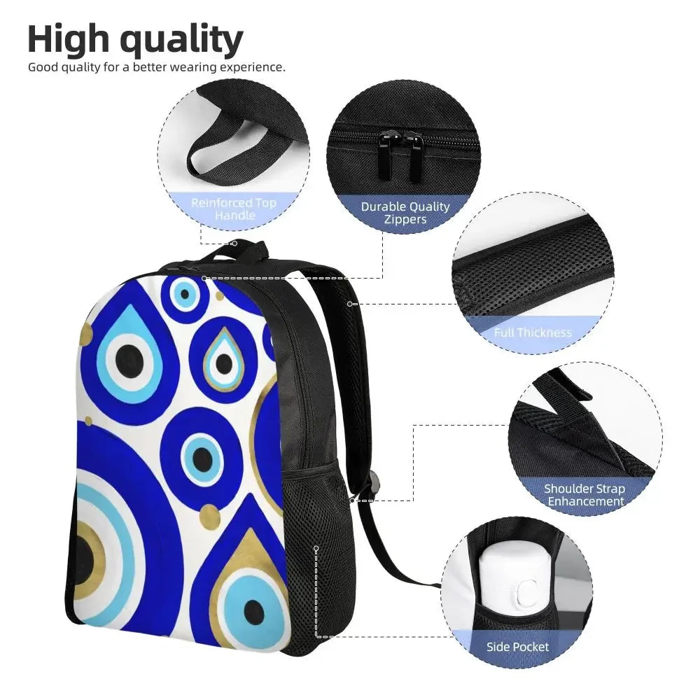 Custom Navy Blue White Mediterranean Evil Eye Mandala Pattern Backpacks Men Casual Bookbag for School College Bohemian Boho Bags