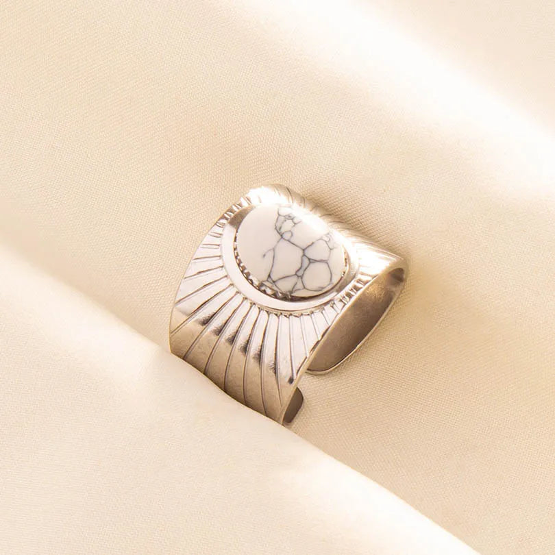 Chic Bohemian White Turquoise Statement Silver Color Ring Stainless Steel Opening Adjustable Boho Ring Jewelry Gifts Never Fade