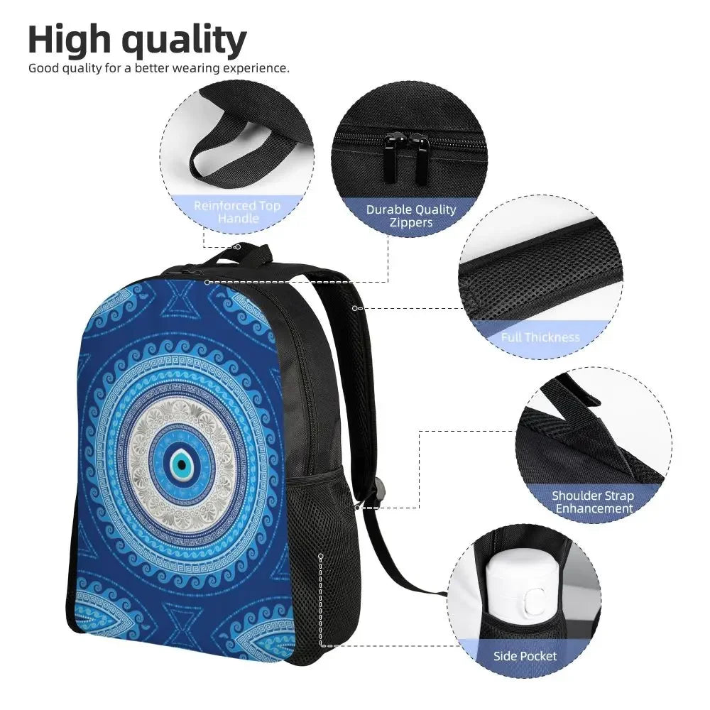 Custom Navy Blue White Mediterranean Evil Eye Mandala Pattern Backpacks Men Casual Bookbag for School College Bohemian Boho Bags