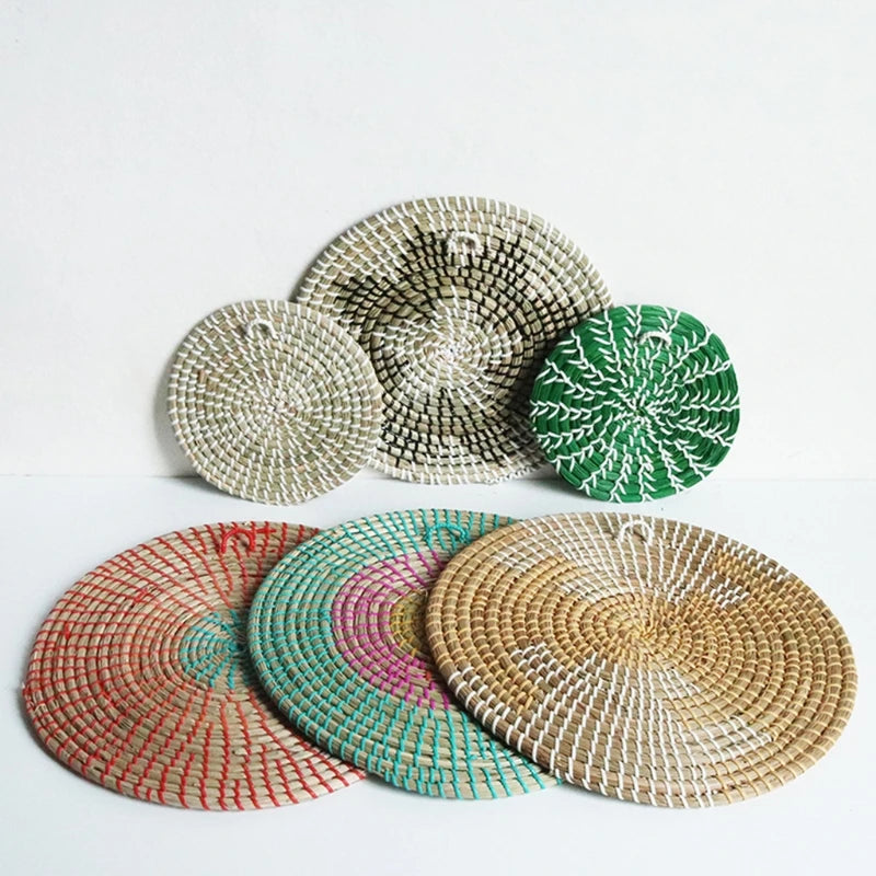Seagrass Wall Basket Decor Hanging Boho Woven Flat Baskets for Living Room Family Room Bedroom Kitchen Bathroom Decor