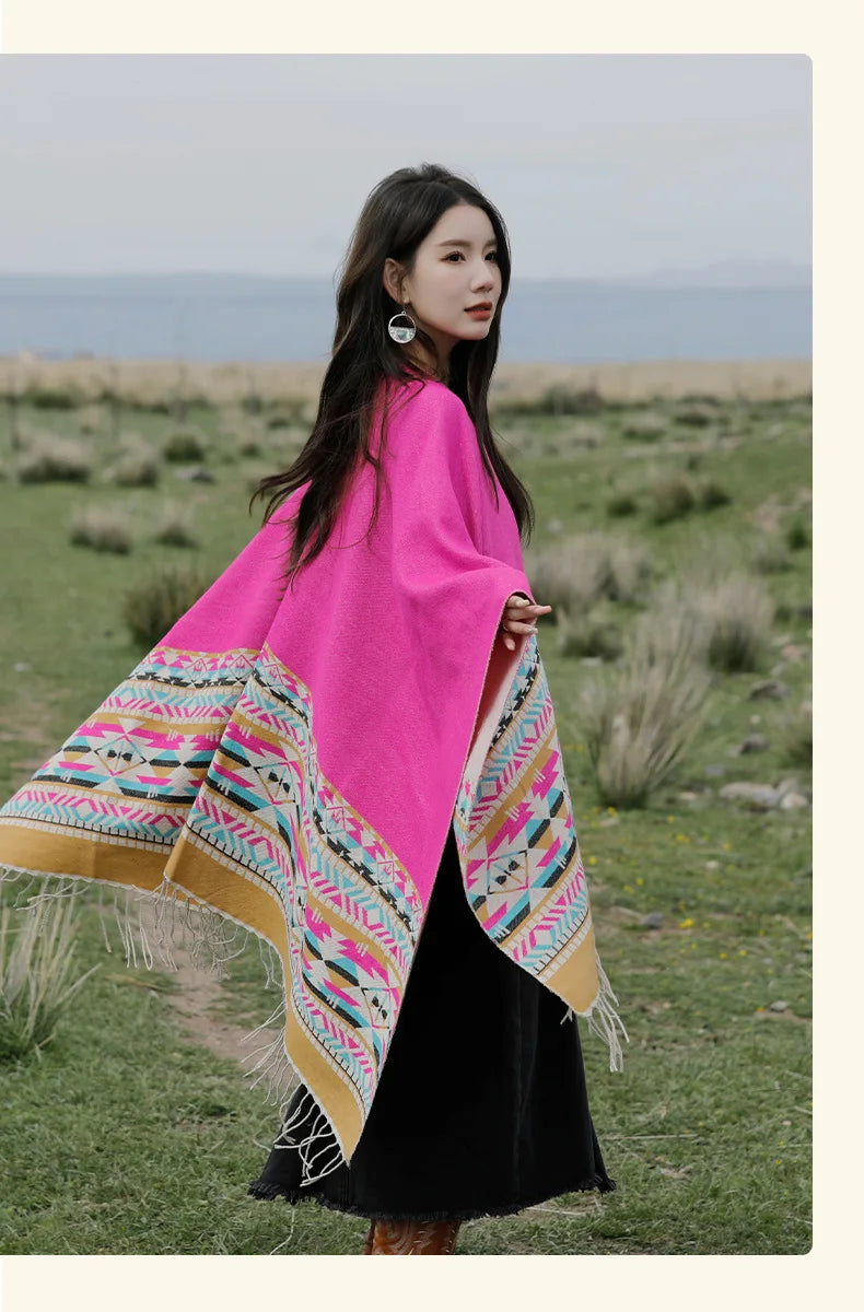 WeHello - Bohemian shawl tie dyed stripe overlay, imitation cashmere cape ethnic style warmth overlay with scarf