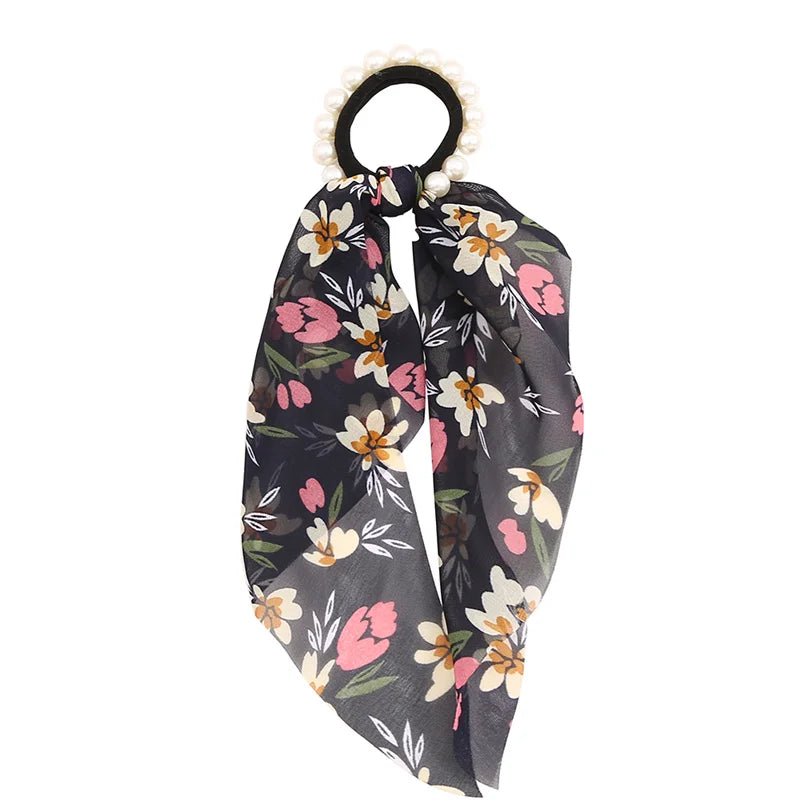 Bohemian Fashion Flower Printed Satin Elastic Long Ribbon Hair Bands Ponytail Scarf Hair Tie Women Scrunchies Hair Accessories