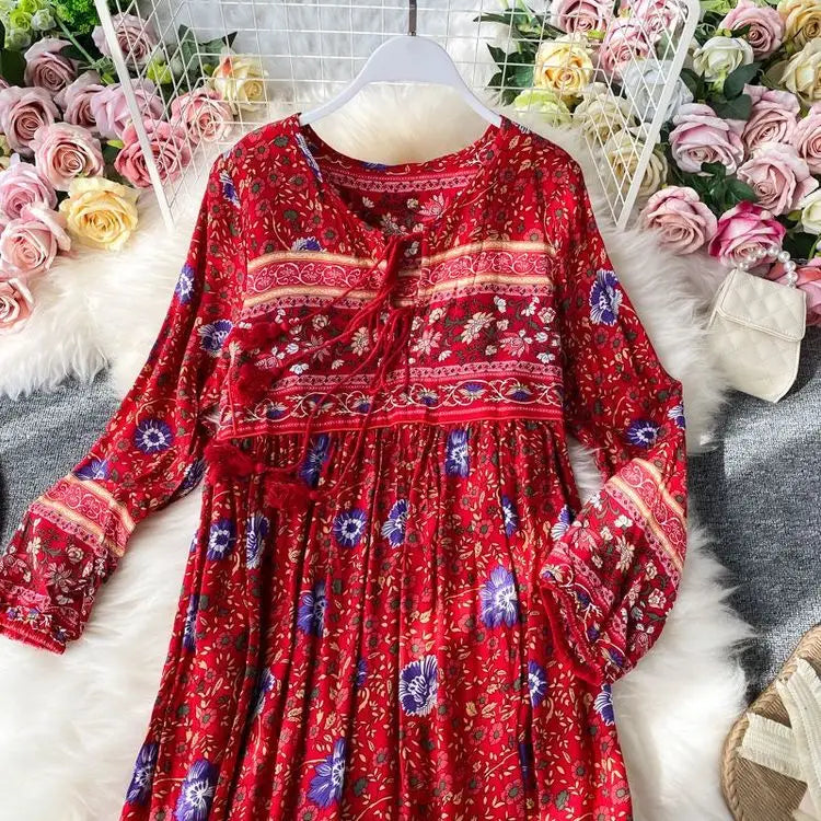 Vintage Women's Beach Skirt Dress Long Sleeve Floral Print Beach Bohemian Straight V-neck Maxi Dress Summer Ladies Dress