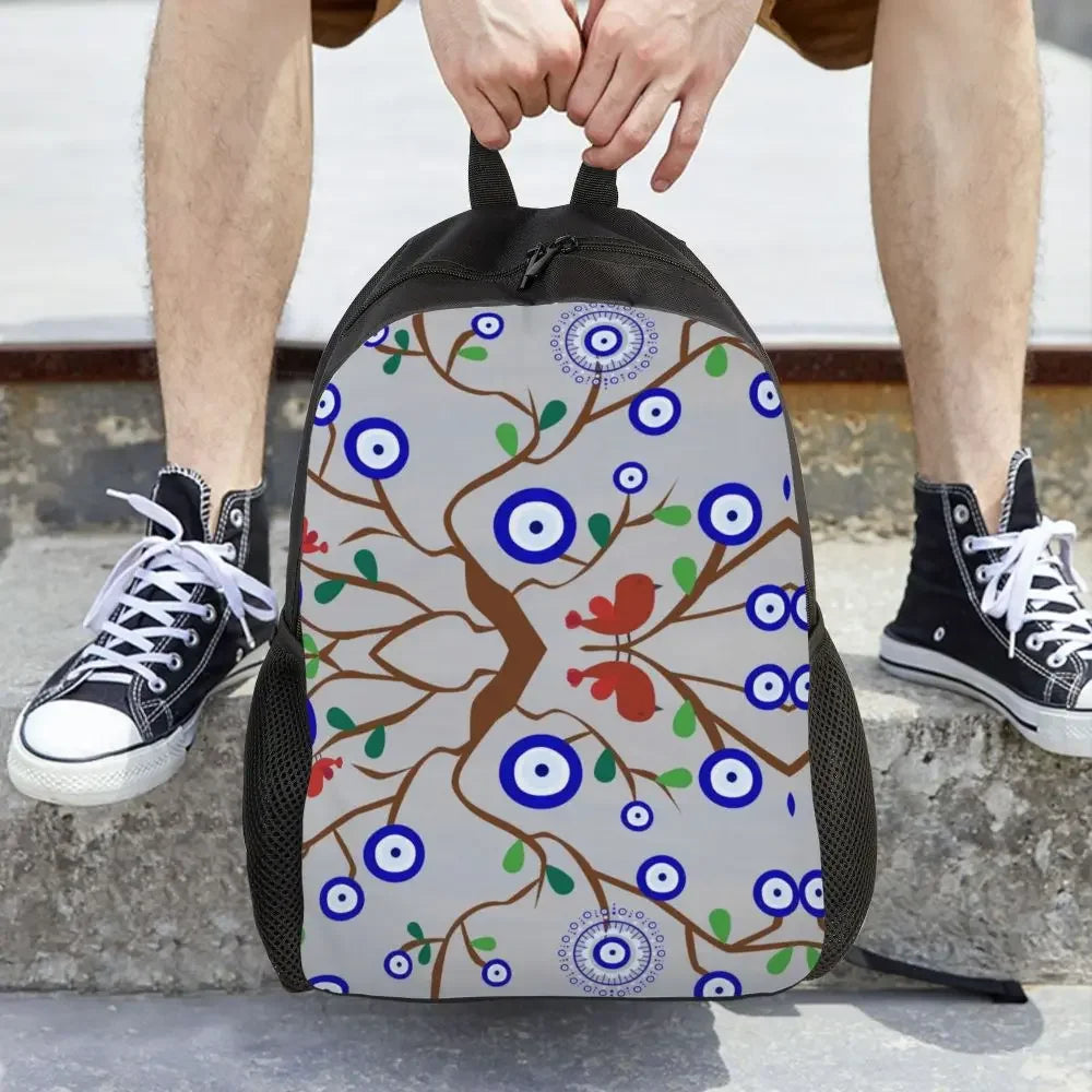 Custom Navy Blue White Mediterranean Evil Eye Mandala Pattern Backpacks Men Casual Bookbag for School College Bohemian Boho Bags