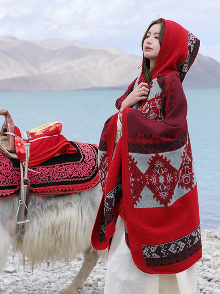 Jastie Retro Ethnic Large Shawl Ladies Fashion New Travel Knitted Hooded Poncho Women Boho Autumn Winter Warm Printed Cape Coats