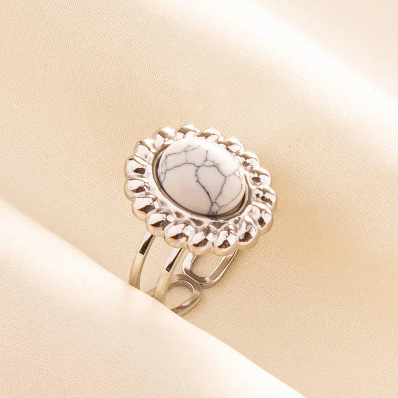 Chic Bohemian White Turquoise Statement Silver Color Ring Stainless Steel Opening Adjustable Boho Ring Jewelry Gifts Never Fade