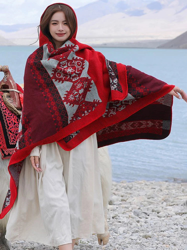 Jastie Retro Ethnic Large Shawl Ladies Fashion New Travel Knitted Hooded Poncho Women Boho Autumn Winter Warm Printed Cape Coats