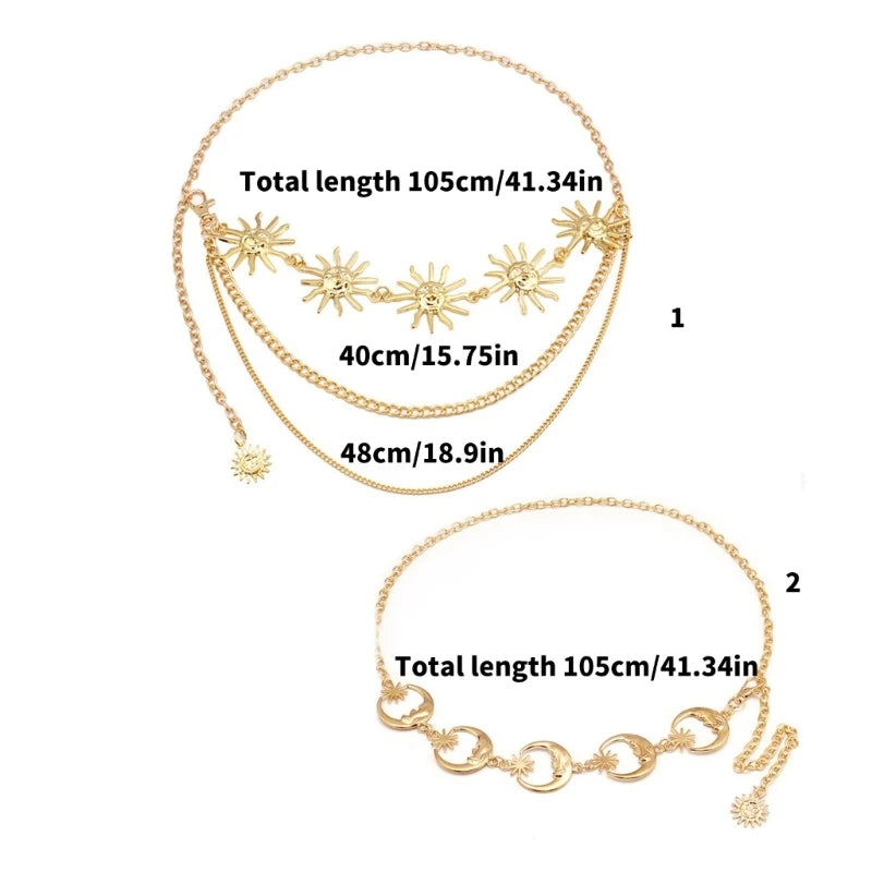 Gold Tone Body Chain Sun/Moon Waist Chain for Stylish Ladies Adjustable Length Metal Waistband for Music Festivals